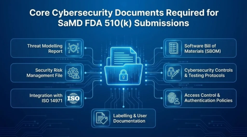 Key Cybersecurity Documents for SaMD FDA 510(k) Submissions As Software as aMedical Device (SaMD) continues to evolve, cybersecurity is no longer optional— it’s a regulatory imperative. For FDA 510(k) submissions, manufacturers must demonstrate a robust security framework throughout the software lifecycle